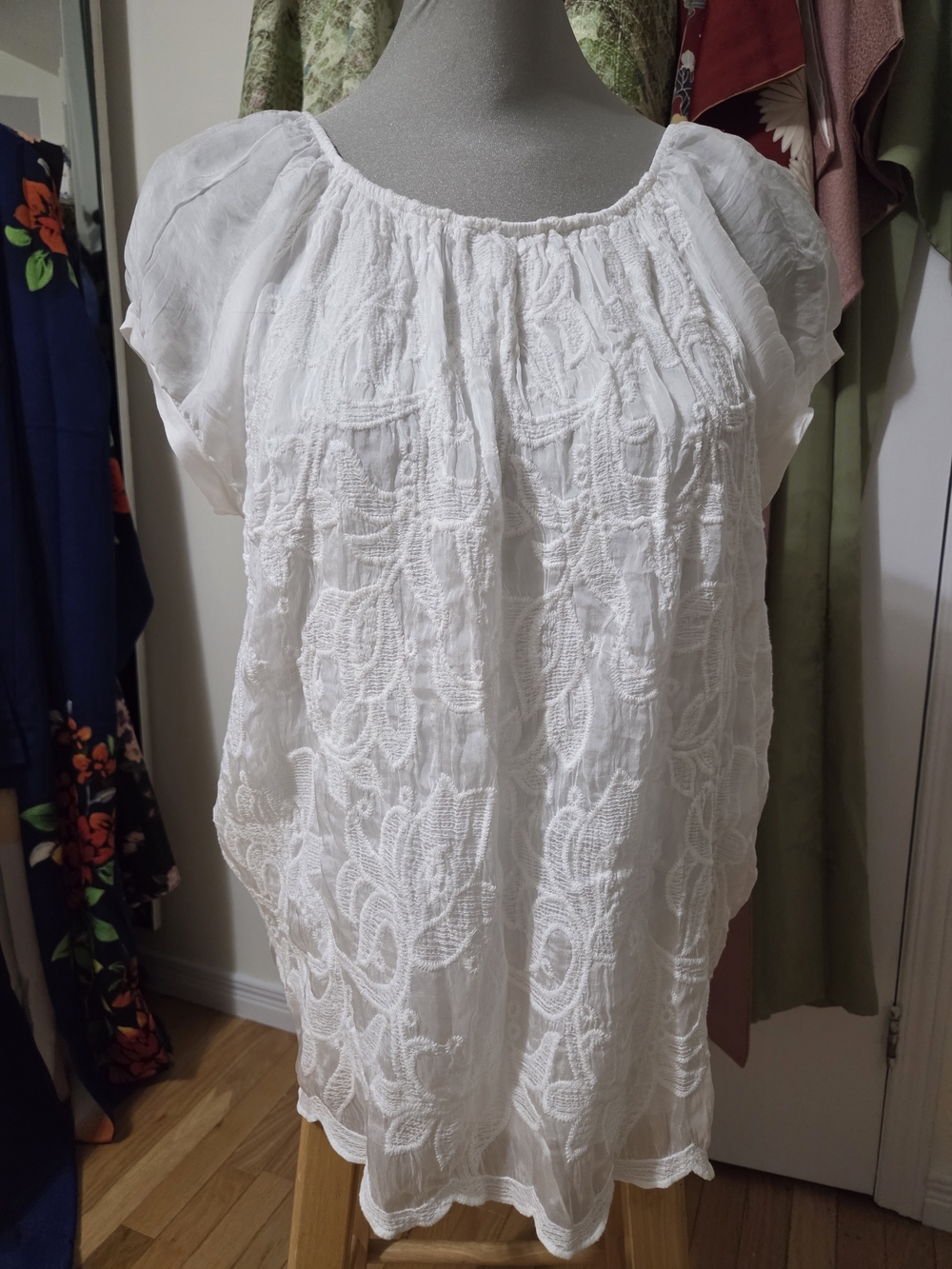 Elena Baldi Italian White Embroidered Blouse • Sheer Romantic Textured - Large